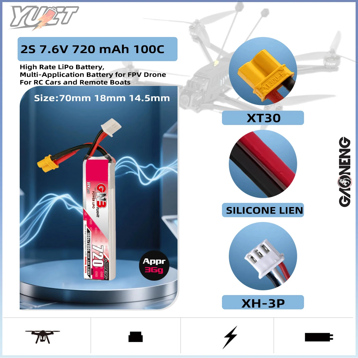 

YUCT GNB 2S720mAh LIHV 7.6V 80C/160C Lipo Battery For iFlight CineBee BetaPFV Beta 85X Brushless Drone Parts With XT30 Plug