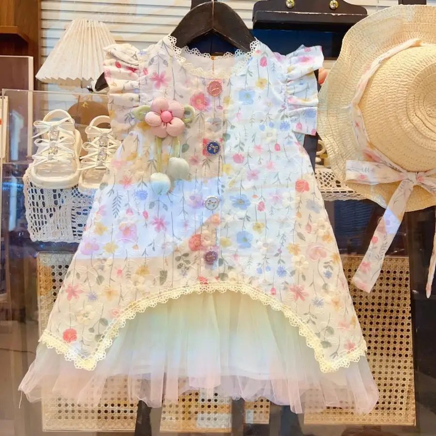 

Girls' Baby Lace Floral Mesh Dress Summer Fashion Children's Embroidered Flower Princess Dress