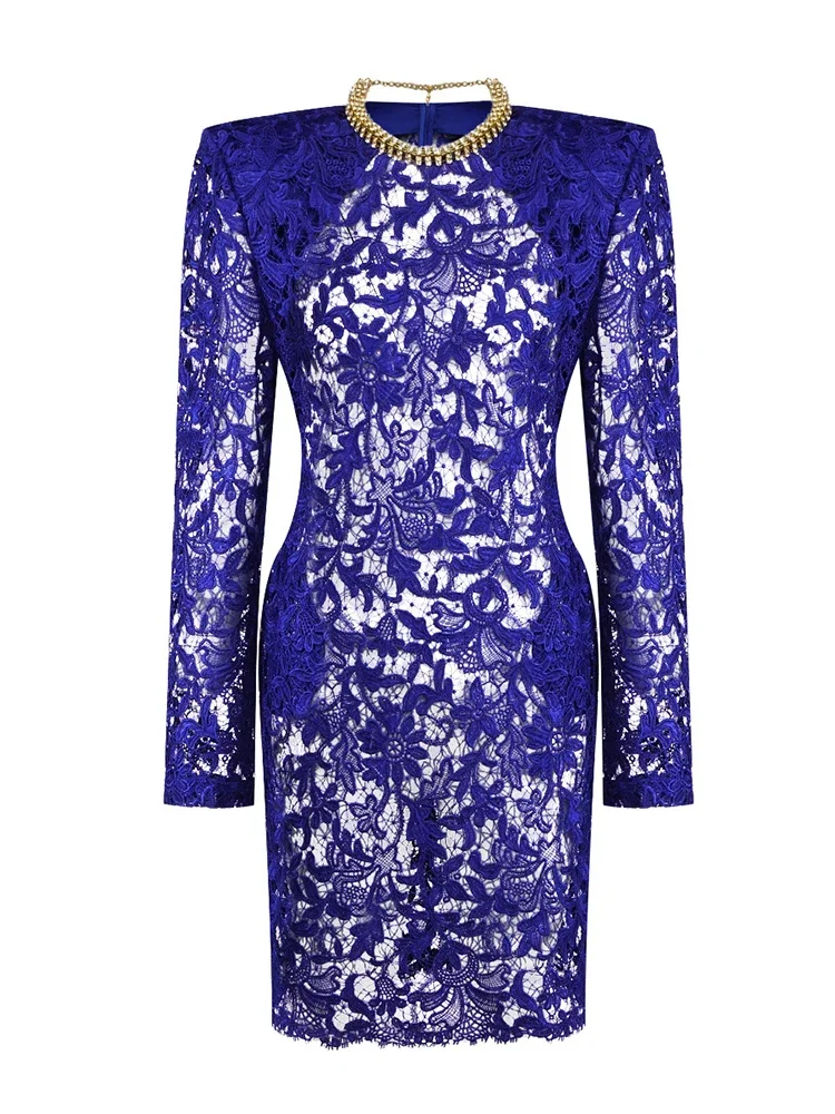 Sexy O cou manches longues voir à travers la robe en dentelle avec tour de cou femmes bleu évider pure Mini robes Cocktail robe de soirée