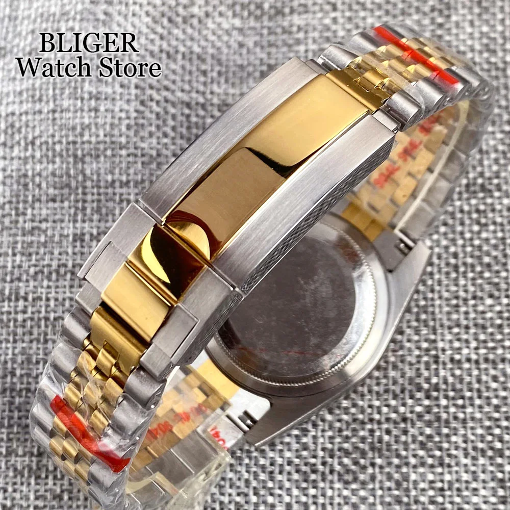 Imagem -06 - Bliger Relógio Automático Masculino Two Tone Marcas de Diamante Dourado Mostrador Amarelo Bracelete Aço Pontas Baton Vidro Safira Nh35a 36 mm 39 mm