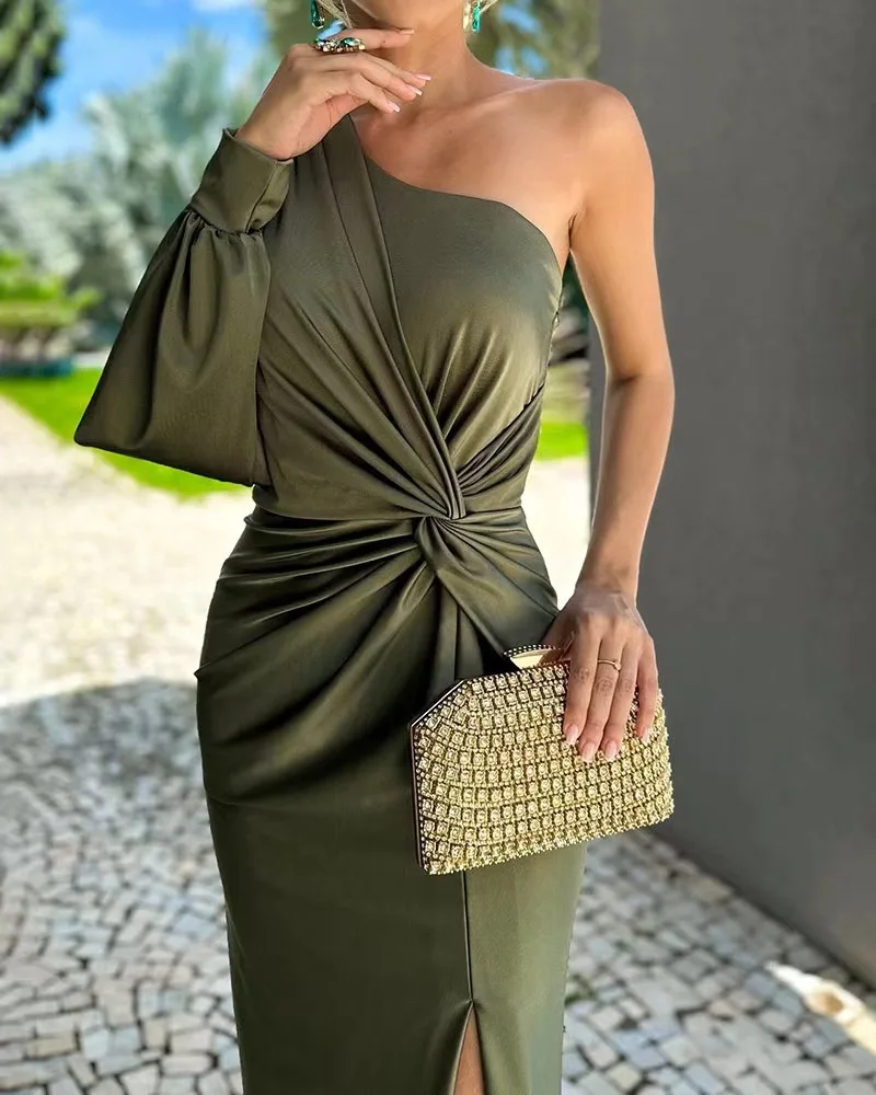 

Summer New Fashionable Slanted Shoulder Asymmetrical Knotted Slit Solid Color Slim Elegant Party Dresses Woman Casual Women's