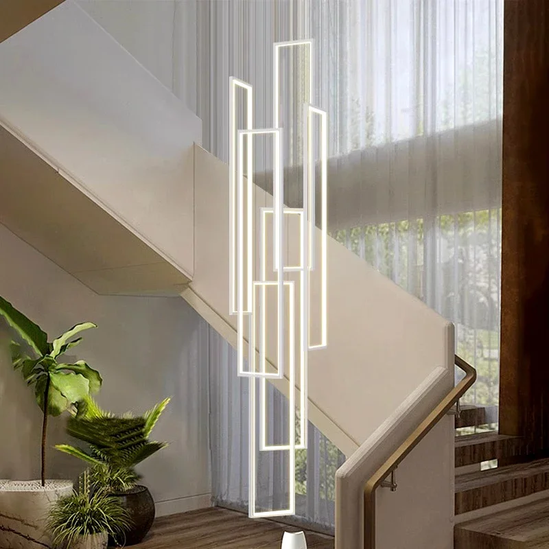 

Modern LED Stair Long Chandelier Geometry Villa Duplex Pendant Lamps Luster Nordic Luxury Loft Living Room Hanging Light Fixture