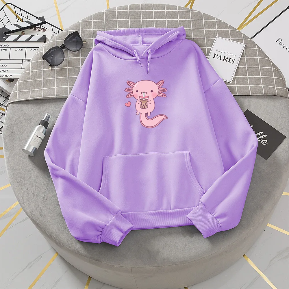 Funny Women Cute Axolotl Loves Bubble Tea Hoodies Sweatshirt Print Loose Cartoon Hooded Oversized Hoodie Streetwear Woman Cloth