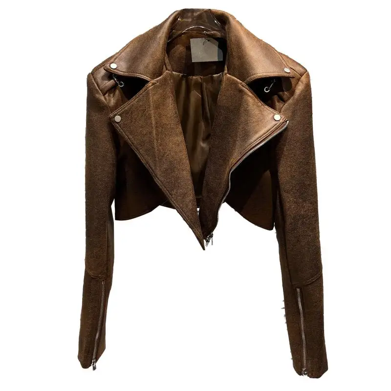 Faionable Streetwear Sle Jaet in pelle PU con colletto grande Texture moto Chiusura con cerniera Cappotto lungo slim fit Sve