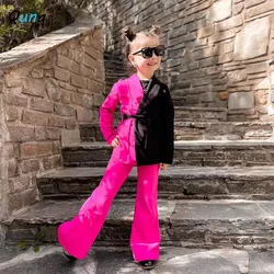 Qunq 2022 Autumn Fashion New Girls Long Sleeve Suit Jacket Patchwork Bind Top + Pants 2 Pieces Set Casual Kids Clothes Age 3T-8T