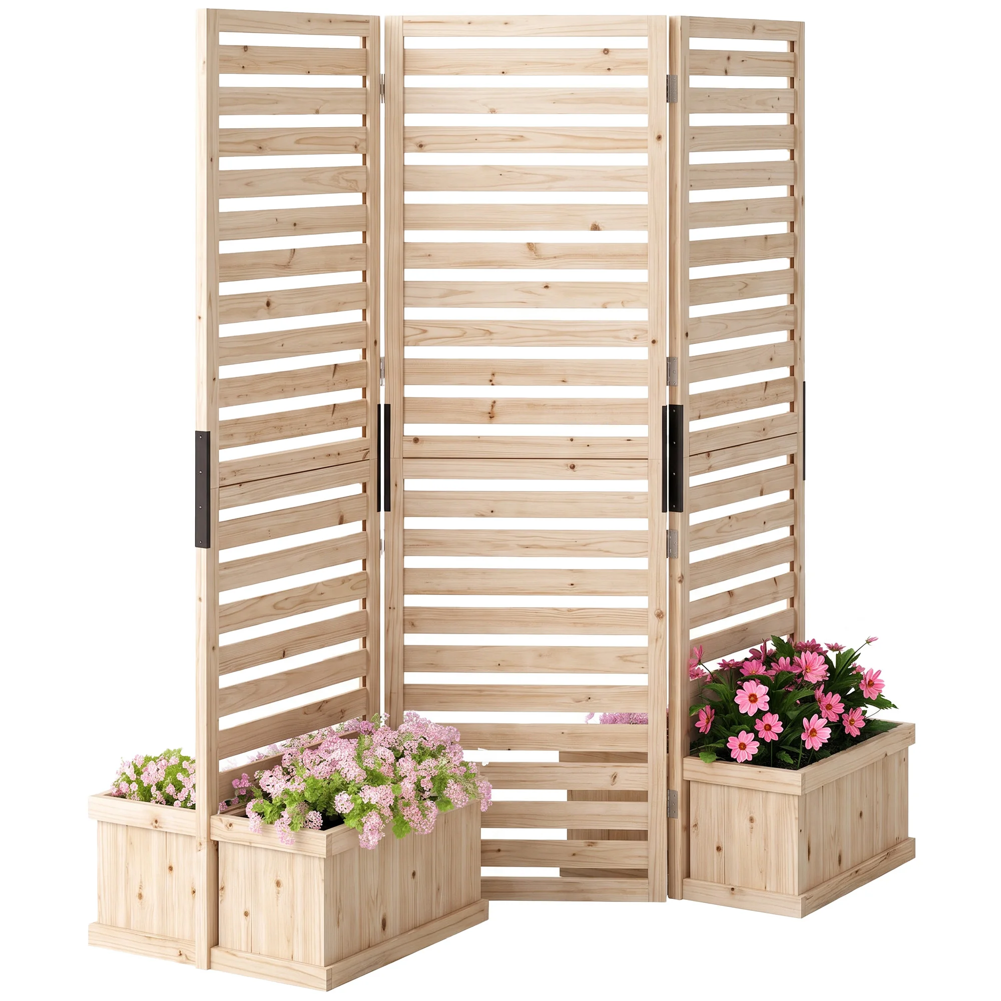 Wood Privacy Screen w/ 4 Planter Box, Raised Bed w/ 3 Panels & Drainage Holes