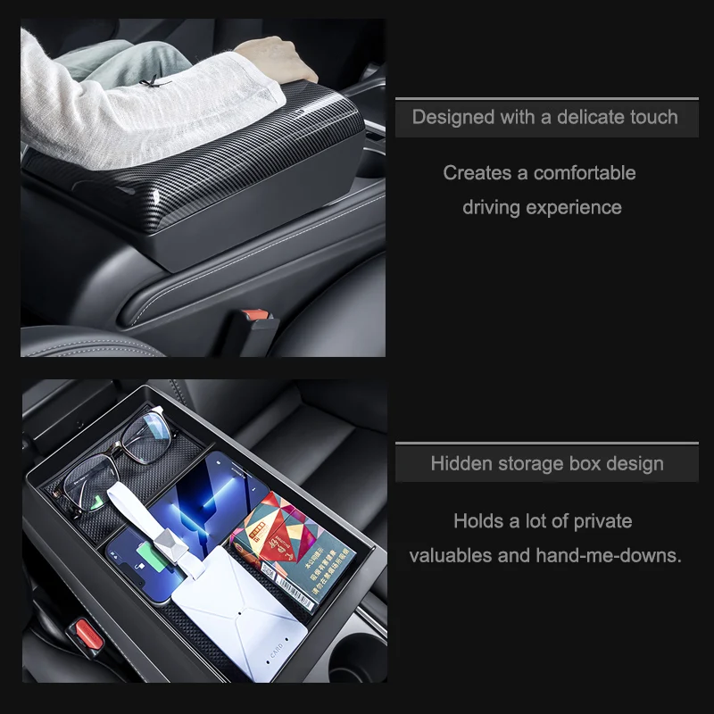 For Tesla Model 3/Y 2021-2025 ABS Raised Storage Box Privacy Storage Space Car Armrest Box Cushion Center Console Arm Rest Cover