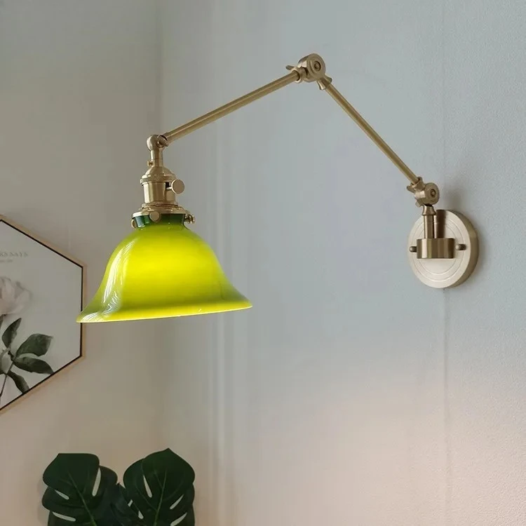 

Brass glass Japanese retro long pole rocker arm telescopic folding bedroom bedside reading study copper light luxury wall lamp