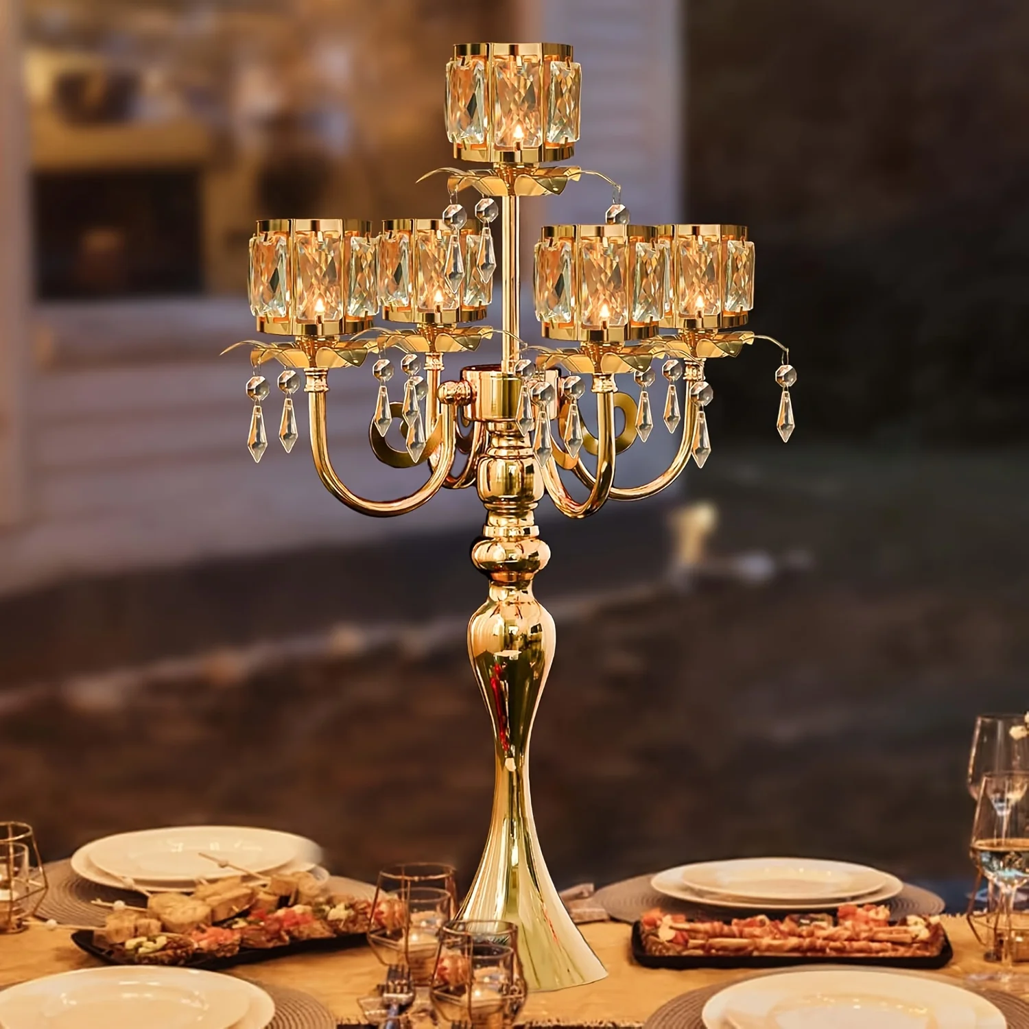 

Золотые канделябры для столов, 22-дюймовые подсвечники для конических свечей, 5-рожковые металлические хрустальные канделябры для