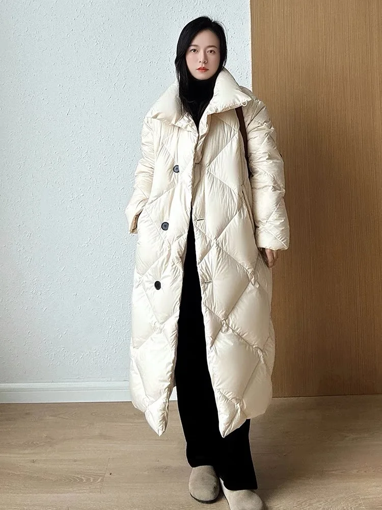 Winter Long Diamond Grid Down Jacket Women White Duck Down Stand Collar Warm Parker Outwear Female Thick Knee Length Down Jacket