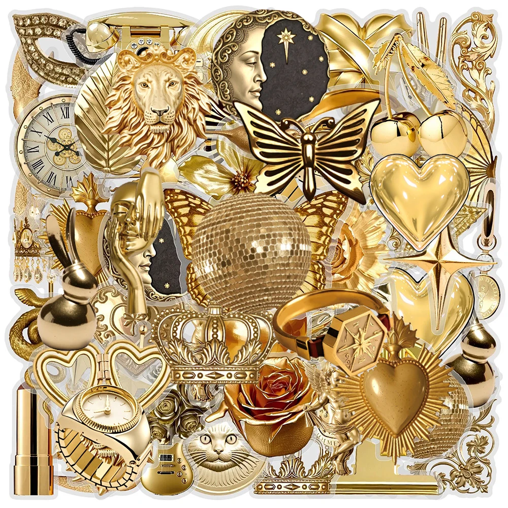 

10/30/50pcs Transparent Golden INS Style Metal Art Cartoon Stickers Retro Aesthetic Sticker Luggage Phone Cool Decoration Decals