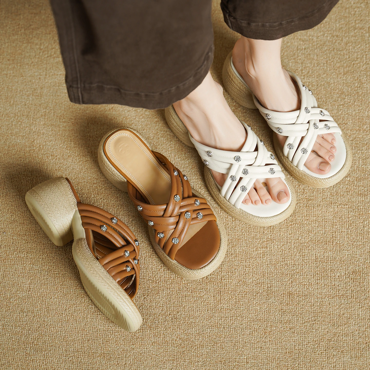 2026 new summer women sandals natural leather 22-24.5cm microfiber+cowhide cross-strap mules high heel women slippers fashion