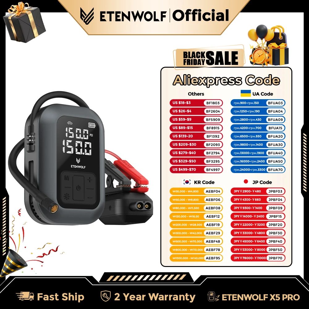 ETENWOLF X5 PRO 2-in-1 ضاغط هواء محمول ومبتدئ الانتقال، بطارية 6000 مللي أمبير في الساعة، 160 رطل لكل بوصة مربعة، 4 أوضاع محددة مسبقًا للسيارة/الشاحنة/الدراجة/الكرة #1