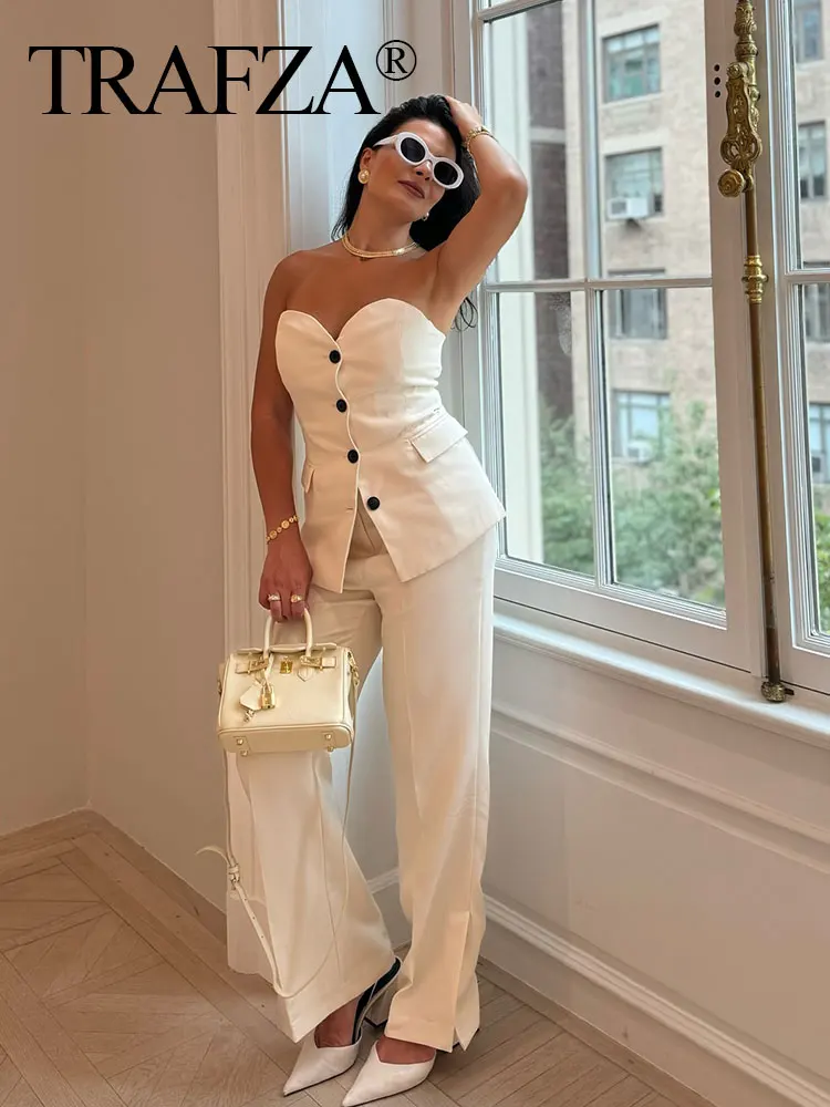 TRAFZA Office Lady Elegant Solid Pant Sets For Women Off Shoulder Sleeveless Tube Top+Side Slit Wide Leg Pants 2024 Casual Suit