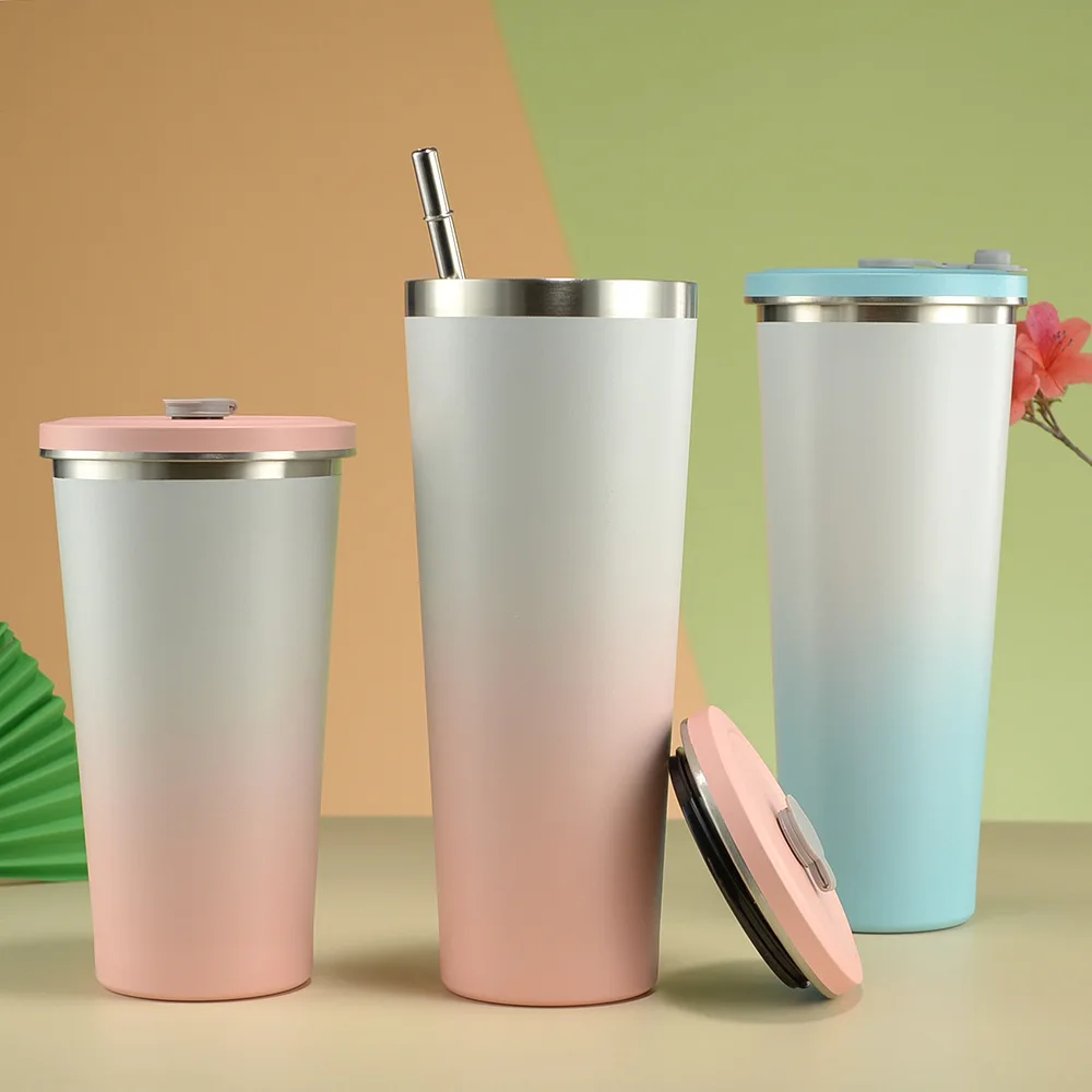 New Insulated Cup 304 Stainless Steel Simple Gradient Color Straw Cup High Aesthetic Value Coffee Cup for Students