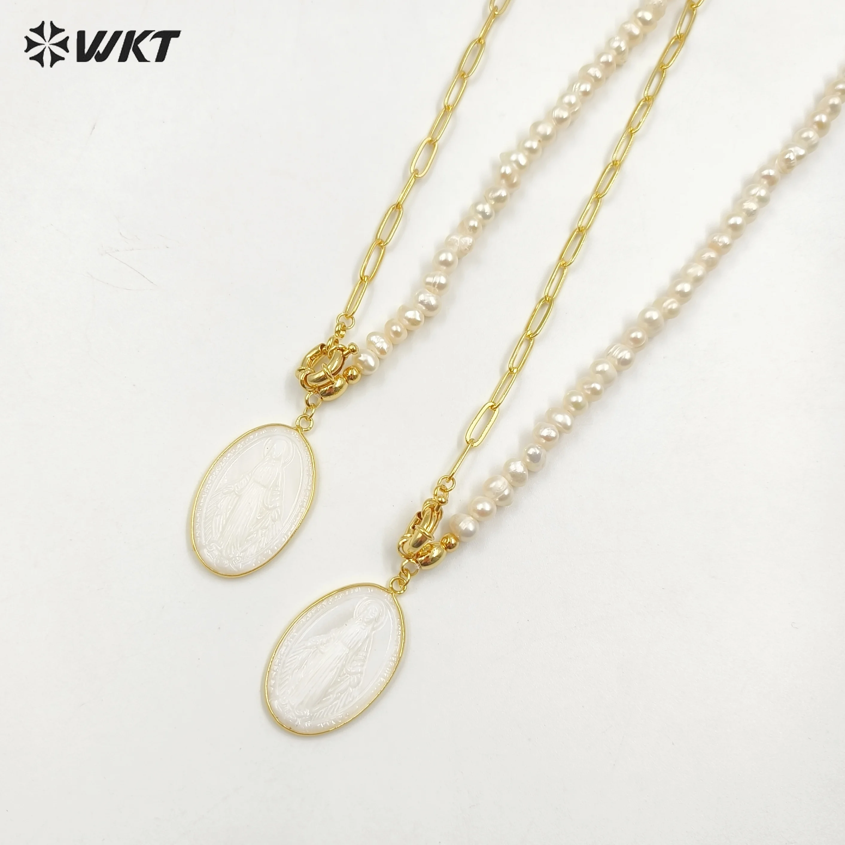 WT-JN128 High Quality Popular Female Necklace Handmade Carved Oval Shell Pendant Religious Style Gold Plated Natural Pearl Chain