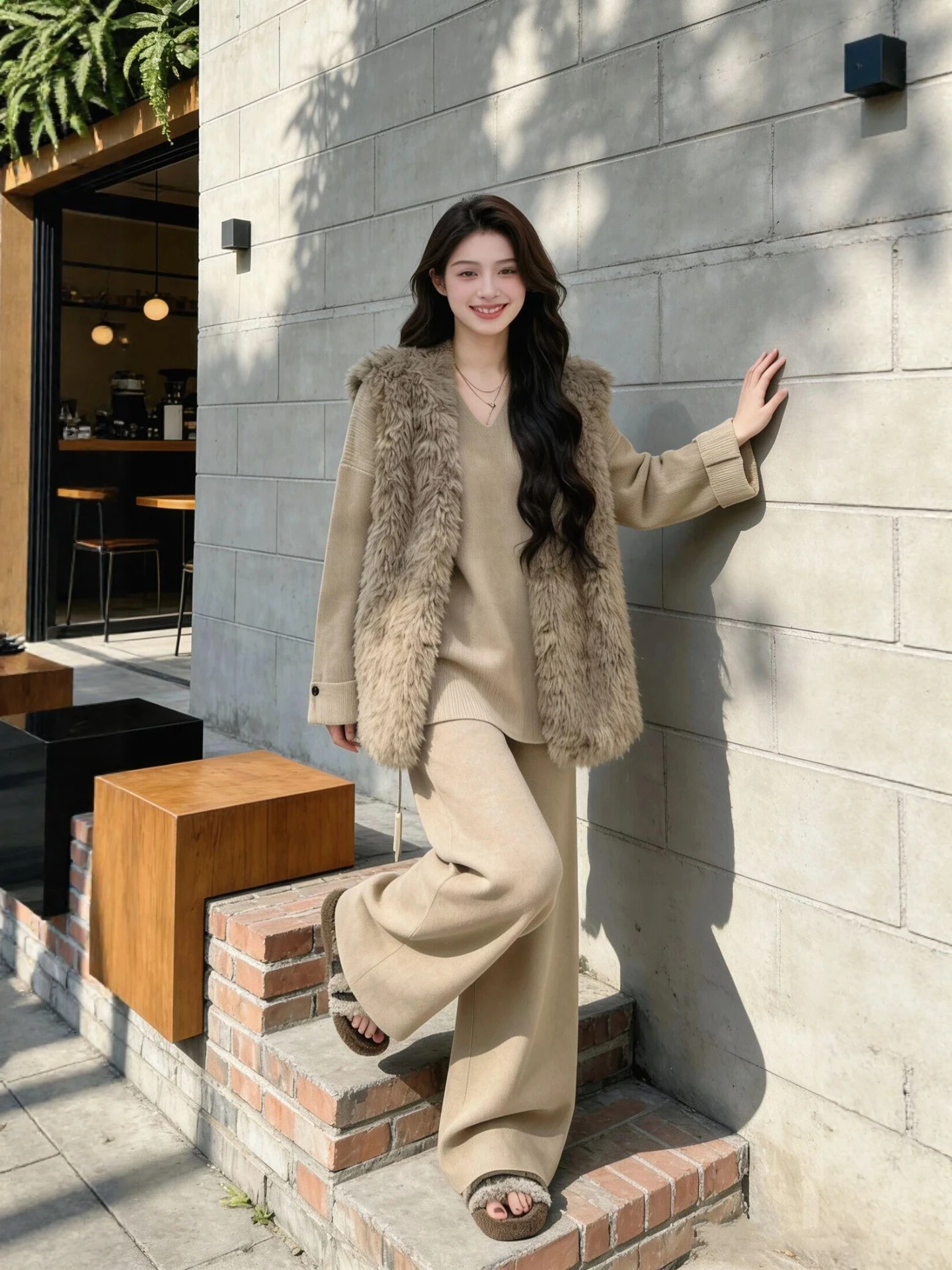 

Зимний модный комплект для женщин больших размеров: вязаный жилет и повседневные брюки, теплый пушистый жилет свободного кроя, комплект из двух предметов