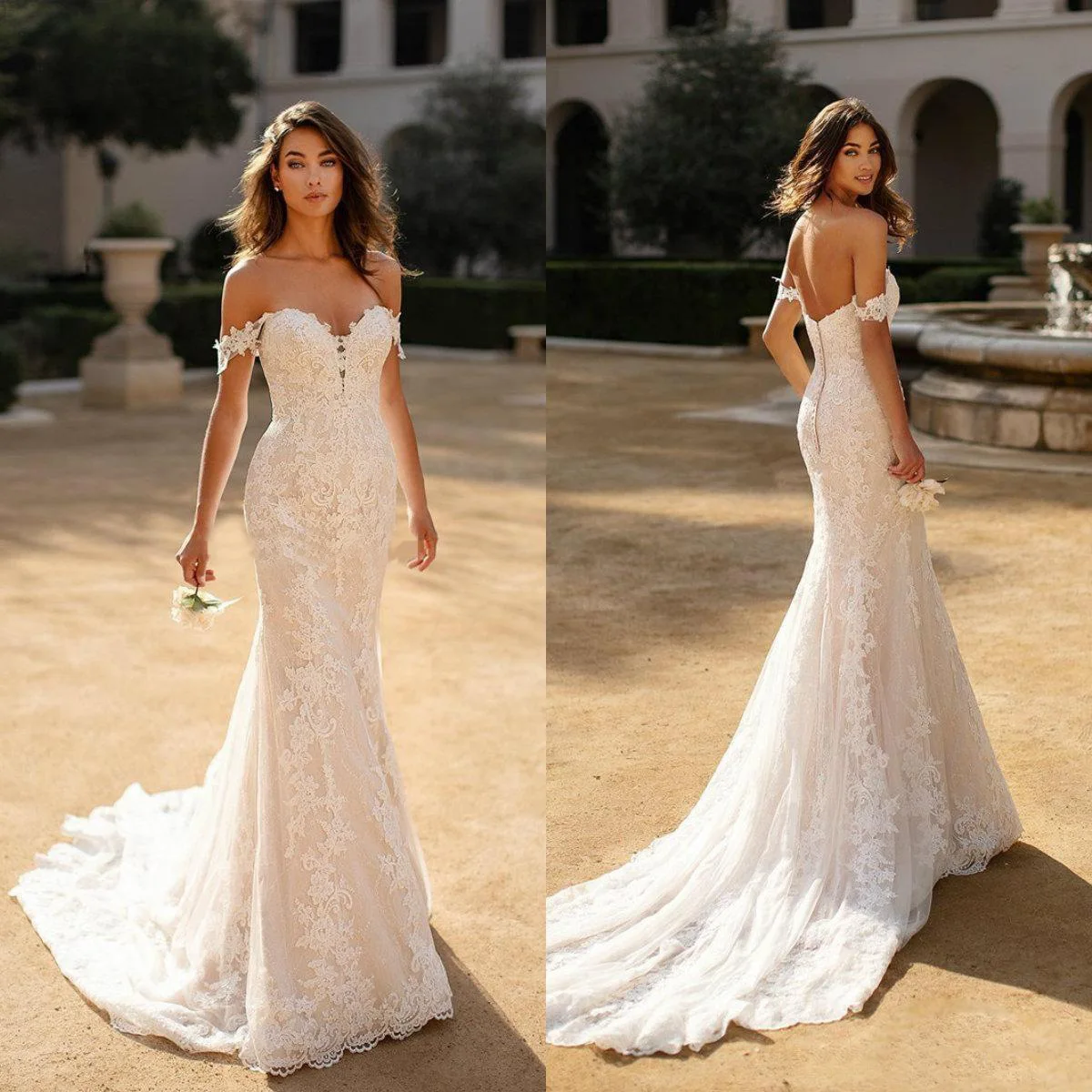 VENSANAC Boat Neck Lace Appliques Mermaid Wedding Dresses Off the Shoulder Backless Sweep Train Bridal Gowns