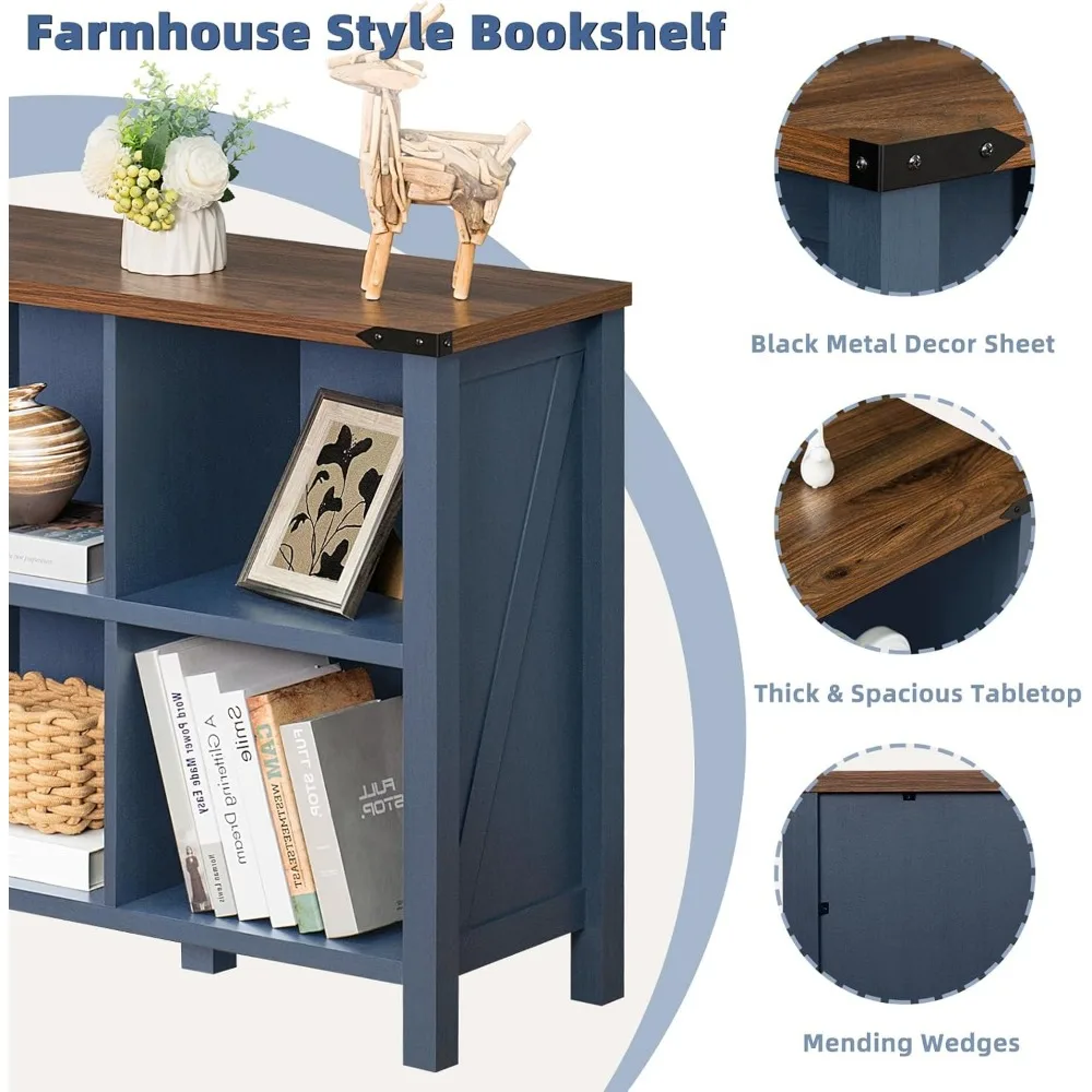 6 Cube Bookcase, Farmhouse Wood Low Storage Organizer Book Shelf, 47" Horizontal Navy Blue Console Bookshelf with Legs, Hallway