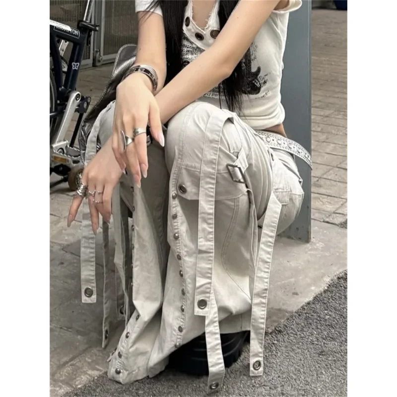 Damskie spodnie cargo z szerokimi nogawkami w stylu Y2k, japońskim designie Harajuku, z niskim stanem, dżinsowe, w stylu goblinów, dzwonkowe, długie spodnie dżinsowe punkowe z lat 2000.