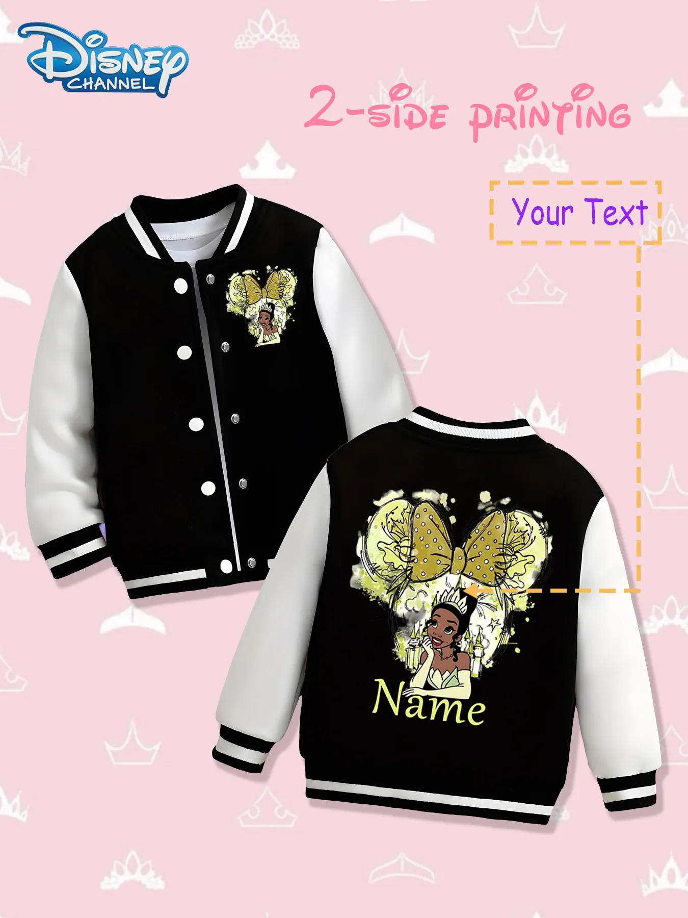 

MINISO Disney Princess Tiana Baseball Jacket for Kids - Double-sided print of Tiana and Minnie's head shape, conveying bravery a