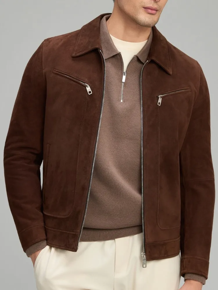Retro Casual Long Sleeves Lapel Genuine Leather Jacket High Quality Solid Color Male Zipper Slim Sheepskin Suede Outerwear