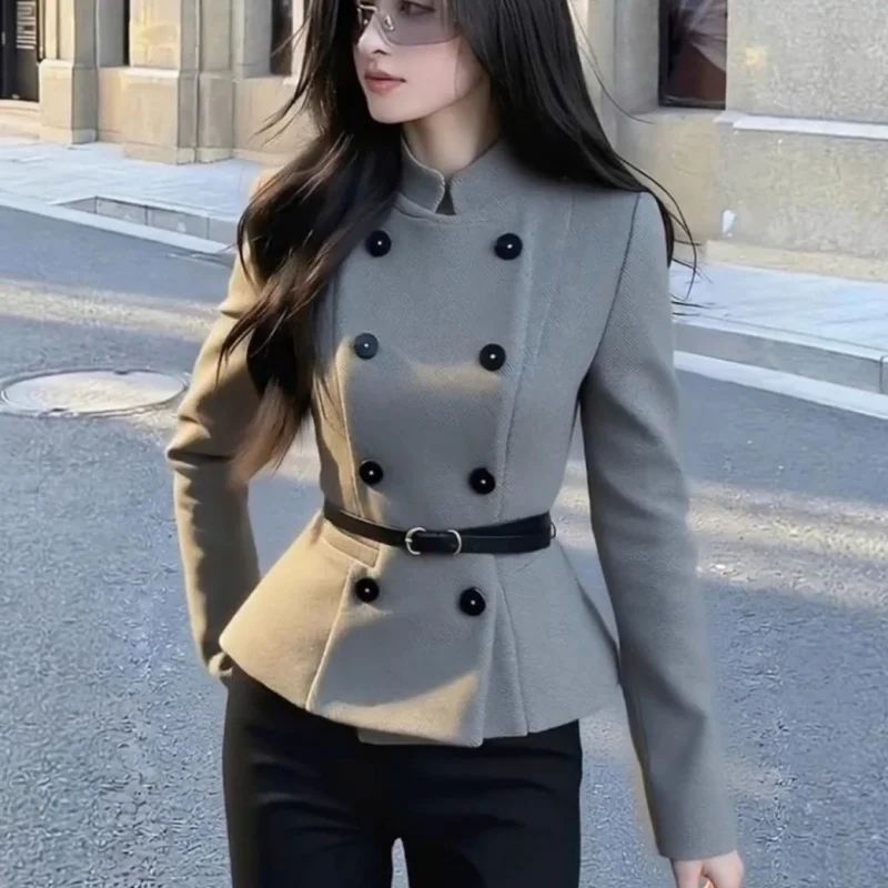 موضة جديدة سترة صوفية المرأة الخريف الشتاء موضة مزدوجة الصدر الوقوف طوق الخصر النحيف أنيقة معطف قصير أبلى #4