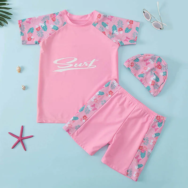 Girl Swimwear Girls Swimwear 3Pcs Swim Suit ( T Shirt+ Trunk+Cap) Short Sleeve Sunscreen Quick Dry Girl Set