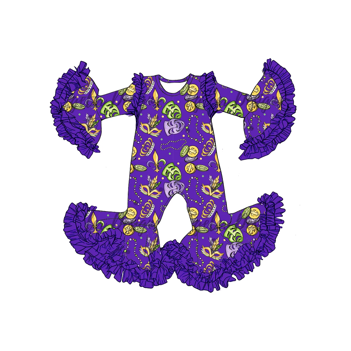 mardi gras girls jumpsuit mesh series baby long-sleeved jumpsuit cartoon feather bead print girl clothes boutique children's set