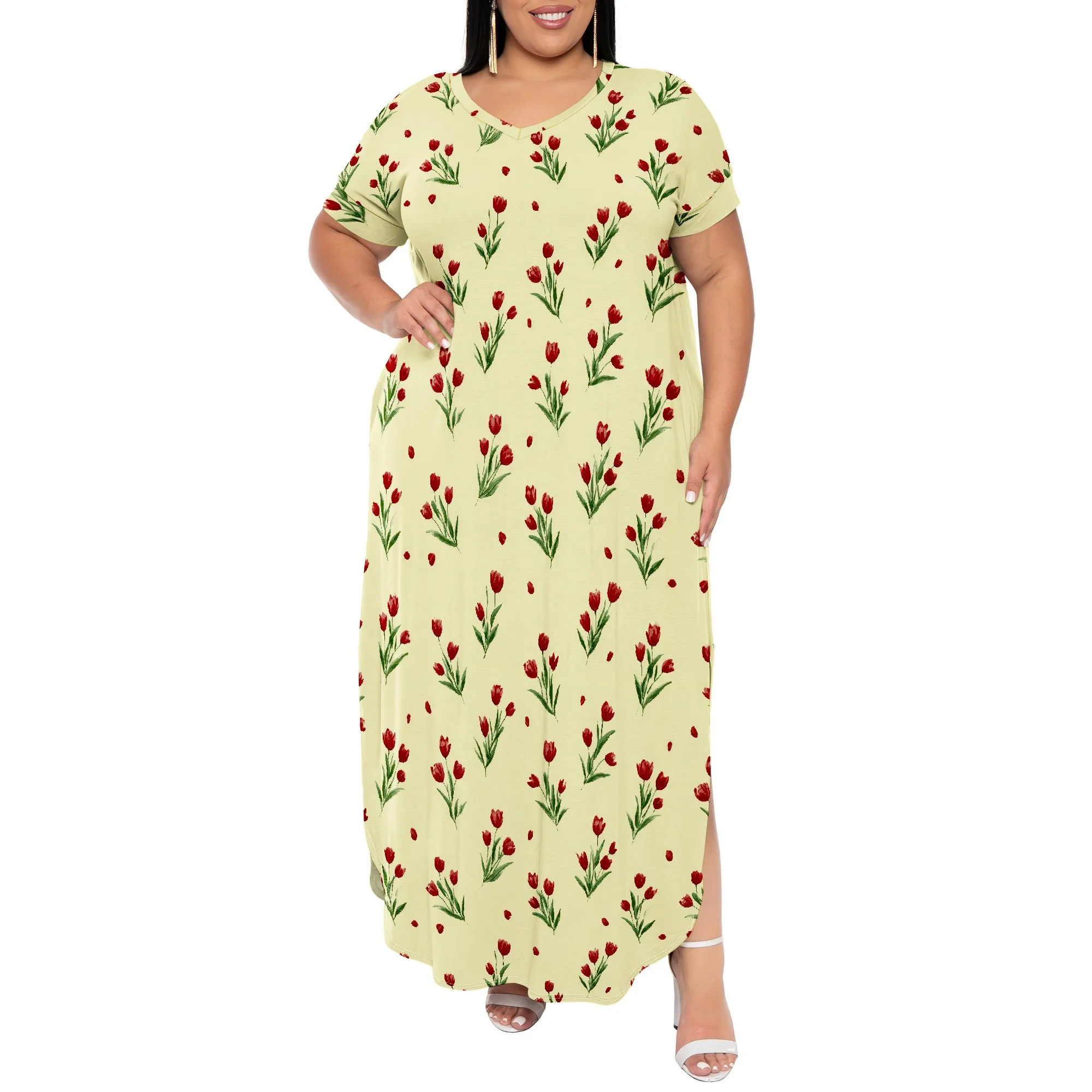 

Plus Size Maxi Dresses for Women Casual Loose Pocket Short Sleeve Slits T Shirt Dress Summer Sundress