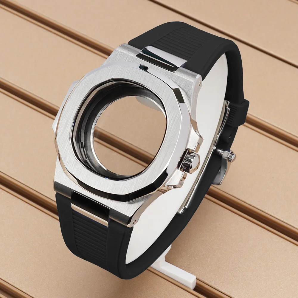 

NH38 40mm Solid stainless steel Silver Watch Case Rubber Strap kit set For Mod Nautilus 30.5mm Dial NH35 NH36 NH38 NH72 Movement