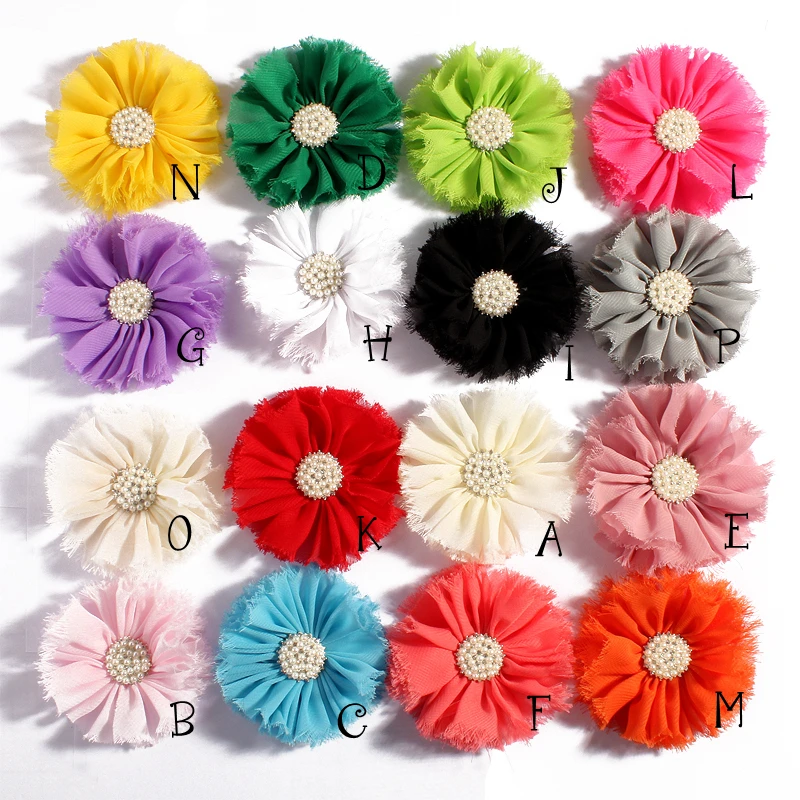 7.5cm 16colors Newborn Handmade Chic Shabby Chiffon Flower+Rhinestone Pearl Button Fabric Flowers For Kids Headbands