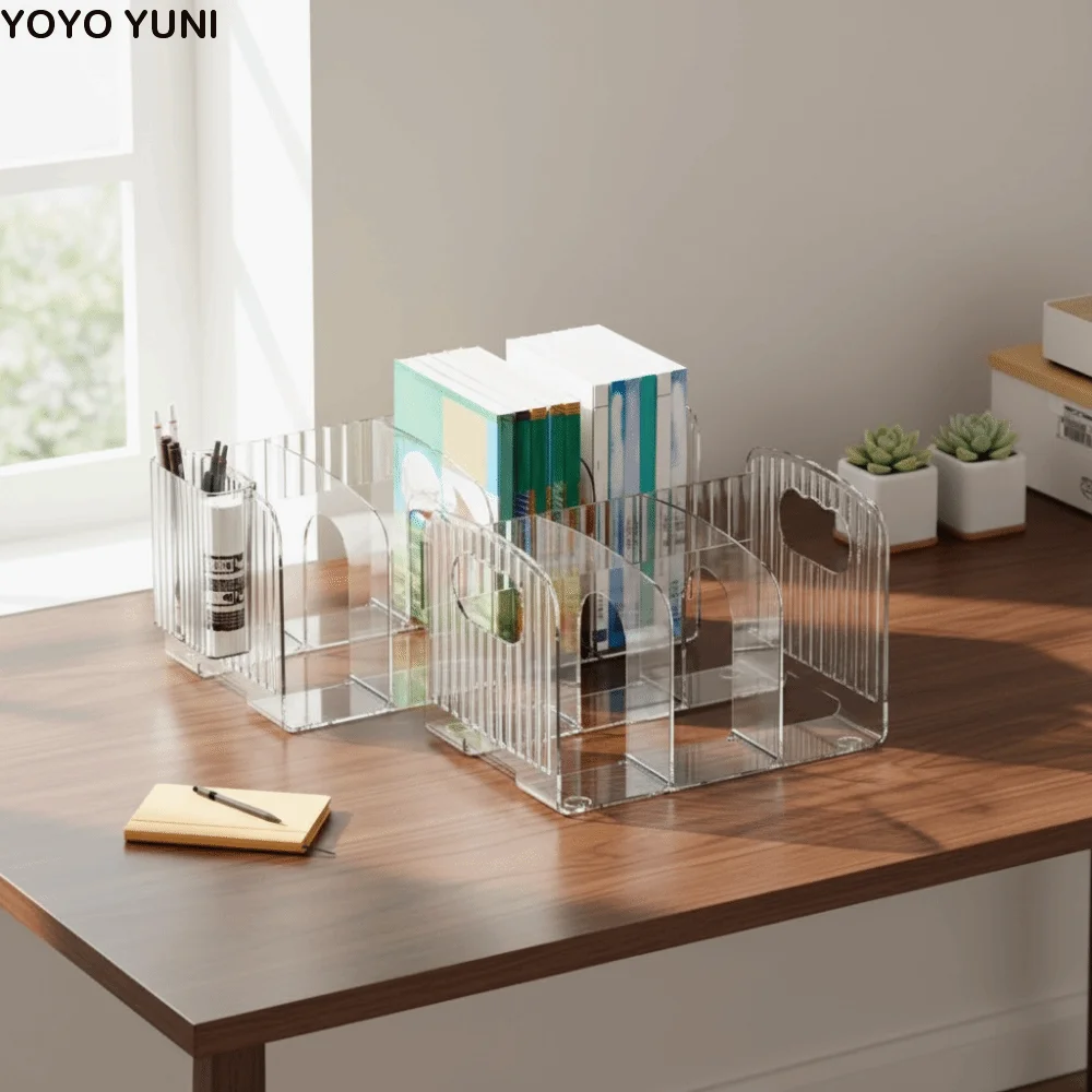 

Durable Thickened Divided Book Stand Save Space with Handle Clear Bookshelf Simple Desktop Sorting Rack Student Use
