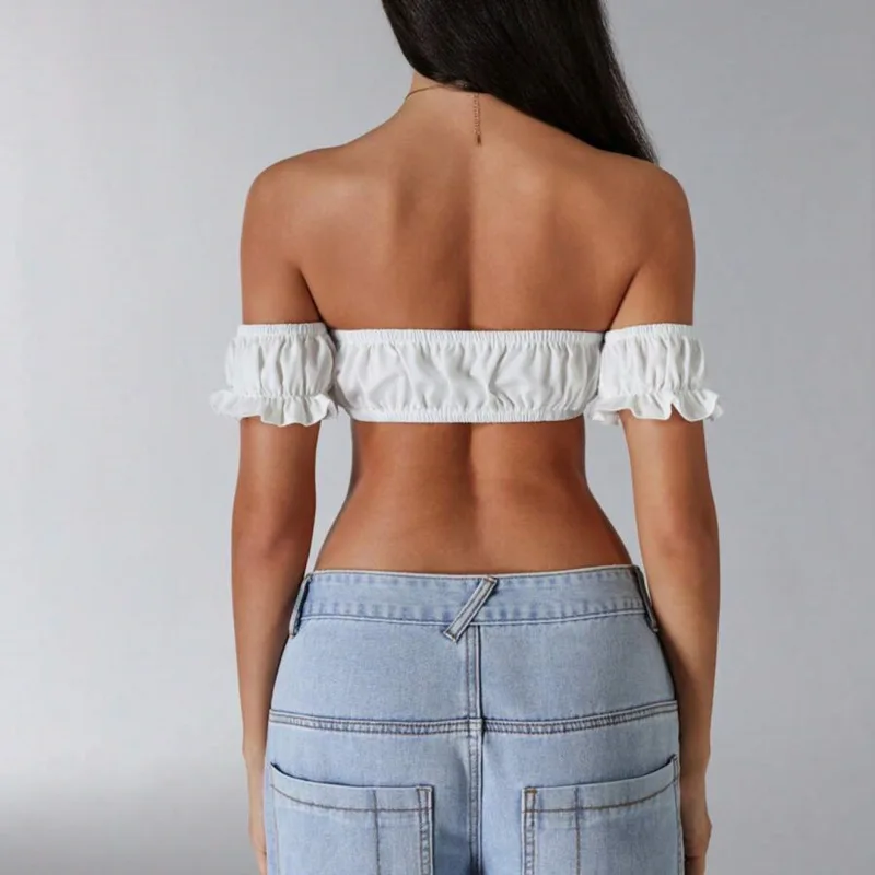 European and American cross border Pure Desire Women Off Shoulder Puff Sleeve Crop Top Drawstring Tie Cutout Waist Cami Top