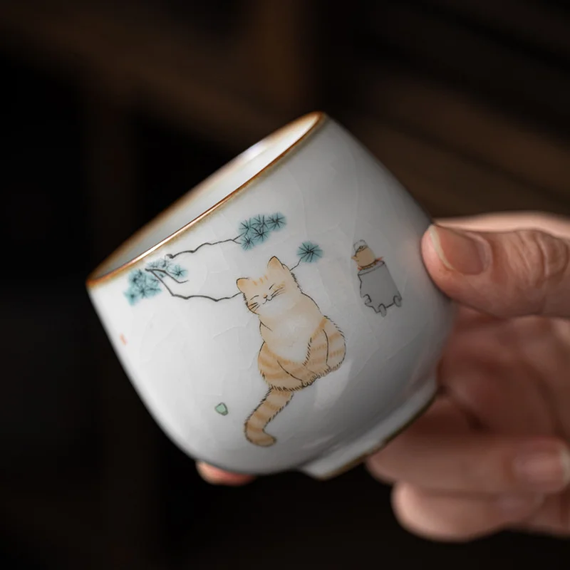 Chinese Ru Kiln Ceramic Teacup Household Coffee Cup Cat Pattern Tea Bowl Handmade Tea Set Accessories Portable Master Cup Gift