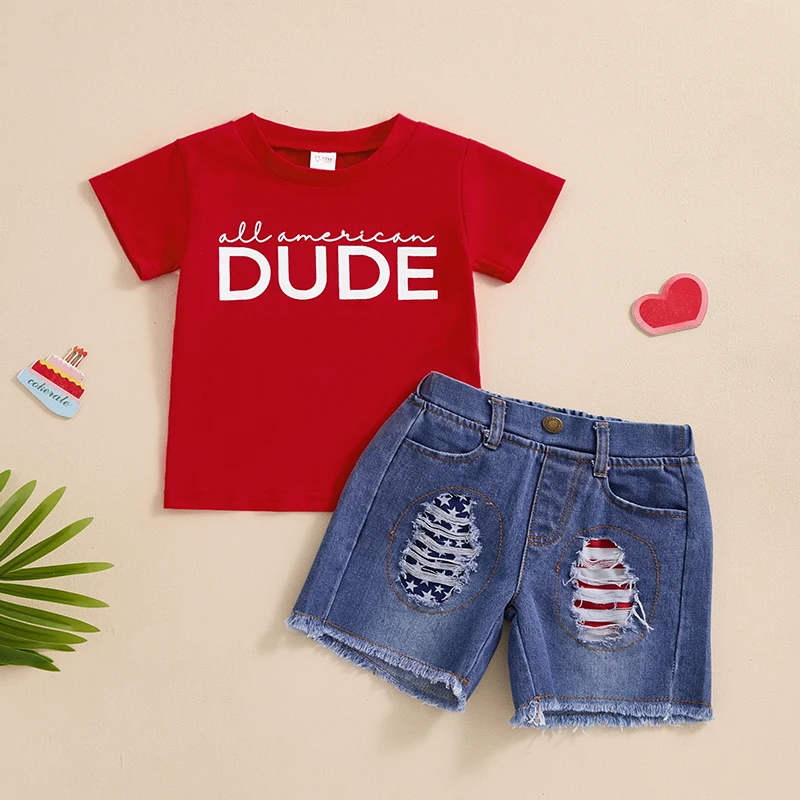 Lioraitiin Kid Baby Boys Memorial Day Outfits Letter Print Short Sleeves T-Shirt and Elastic Ripped Denim Shorts Set Clothes