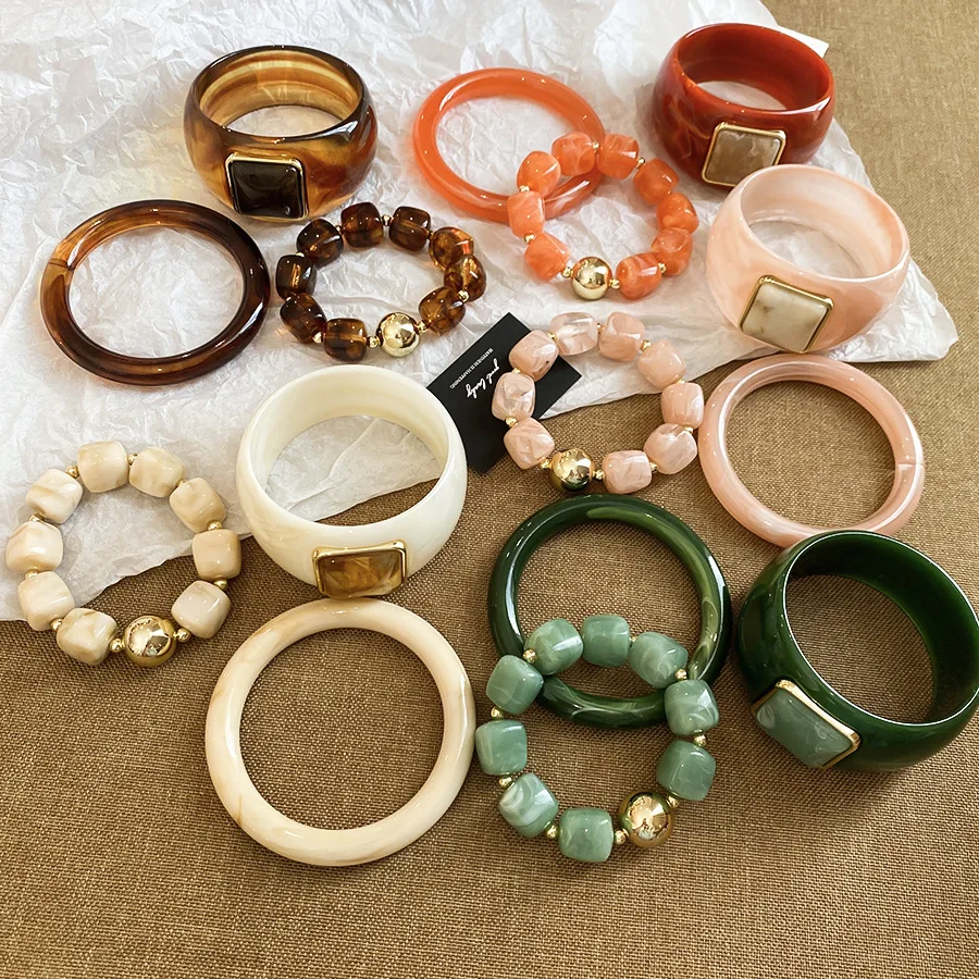 3 Pcs/set Vintage Resin Wide Bangles for Women Men Retro Square Acrylic Chunky Bracelet Boho Vacation Stackable Wrist Jewelry K