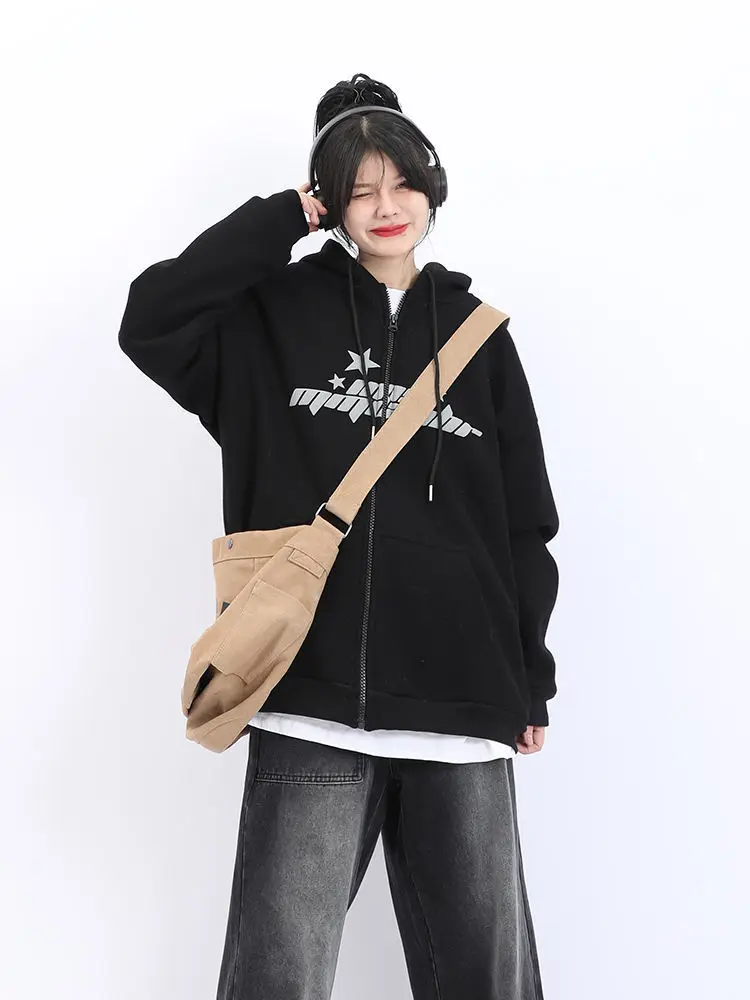 

Long Women's Sweatshirt Loose Letter Printing with Zipper Text Hoodies Coat Baggy Hooded Woman Clothing Full Zip Up Thick E Top