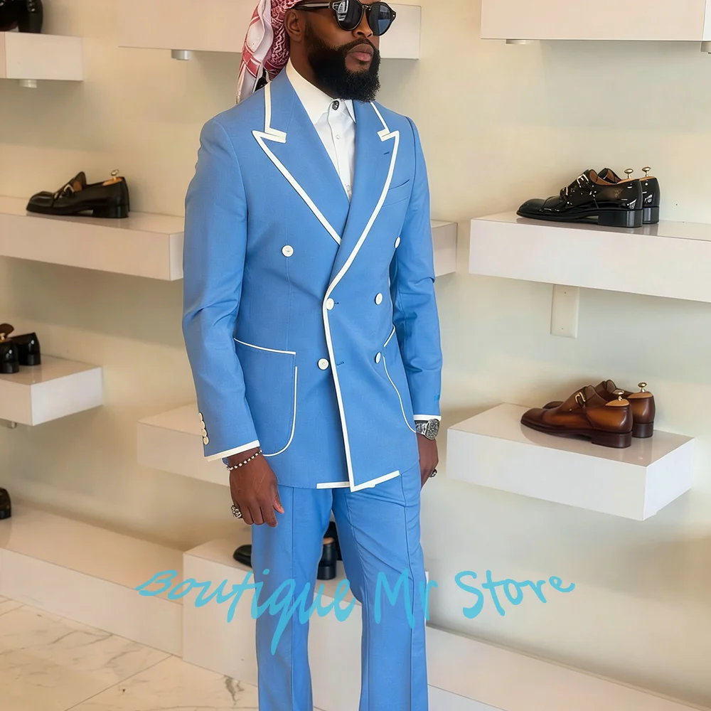 Men’s Light Blue Double-Breasted Suit with White Trim Two Piece (Jacket+Pants) Set for Groom Wedding Formal Party Prom Wear