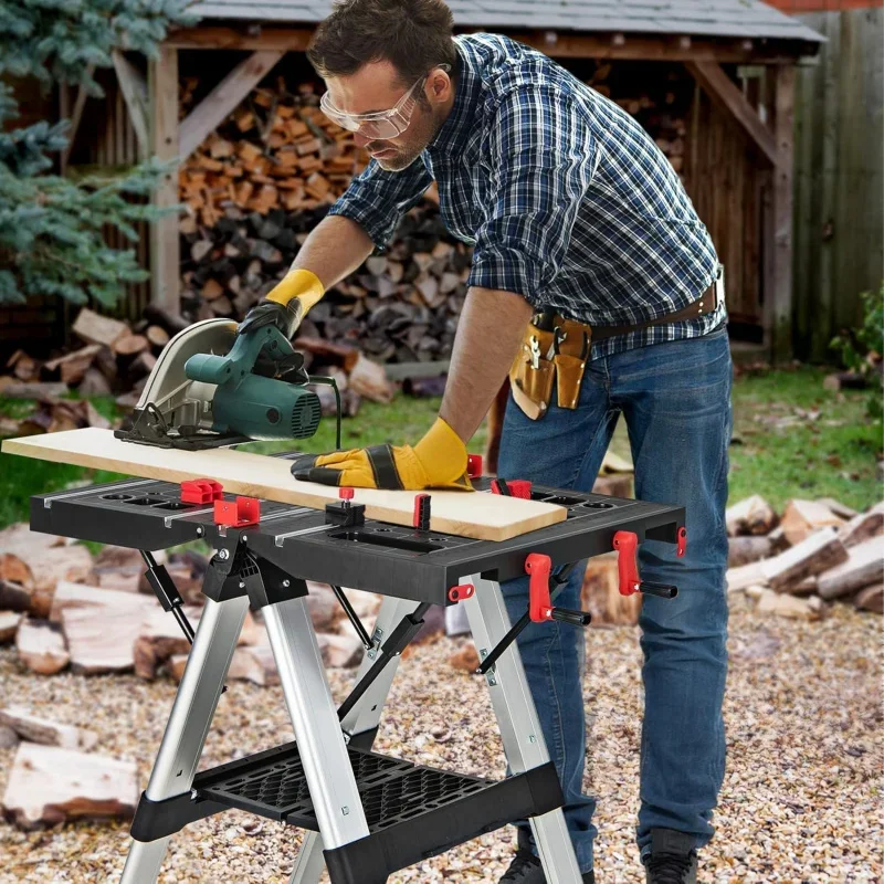 Folding Work Table, 2-in-1 Height Adjustable Workbench & Sawhorse w/Foldable Clamping Handle & Tray, 440LBS/1000LBS Weight