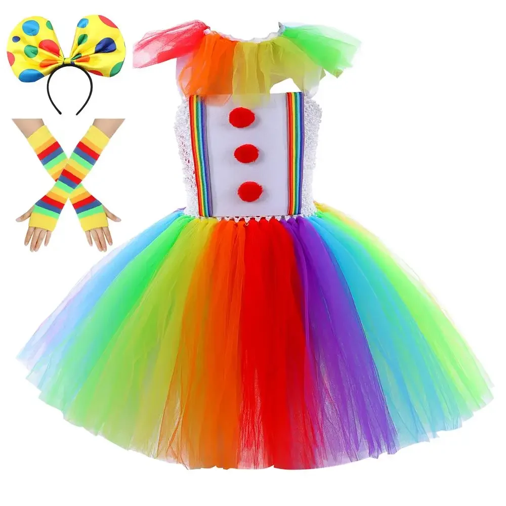 

Halloween Creepy Clown Costume for Kids Fancy Carnival Party Clothes Rainbow Baby Girls Circus Joker Tutu Dress Outfit 2-12Y