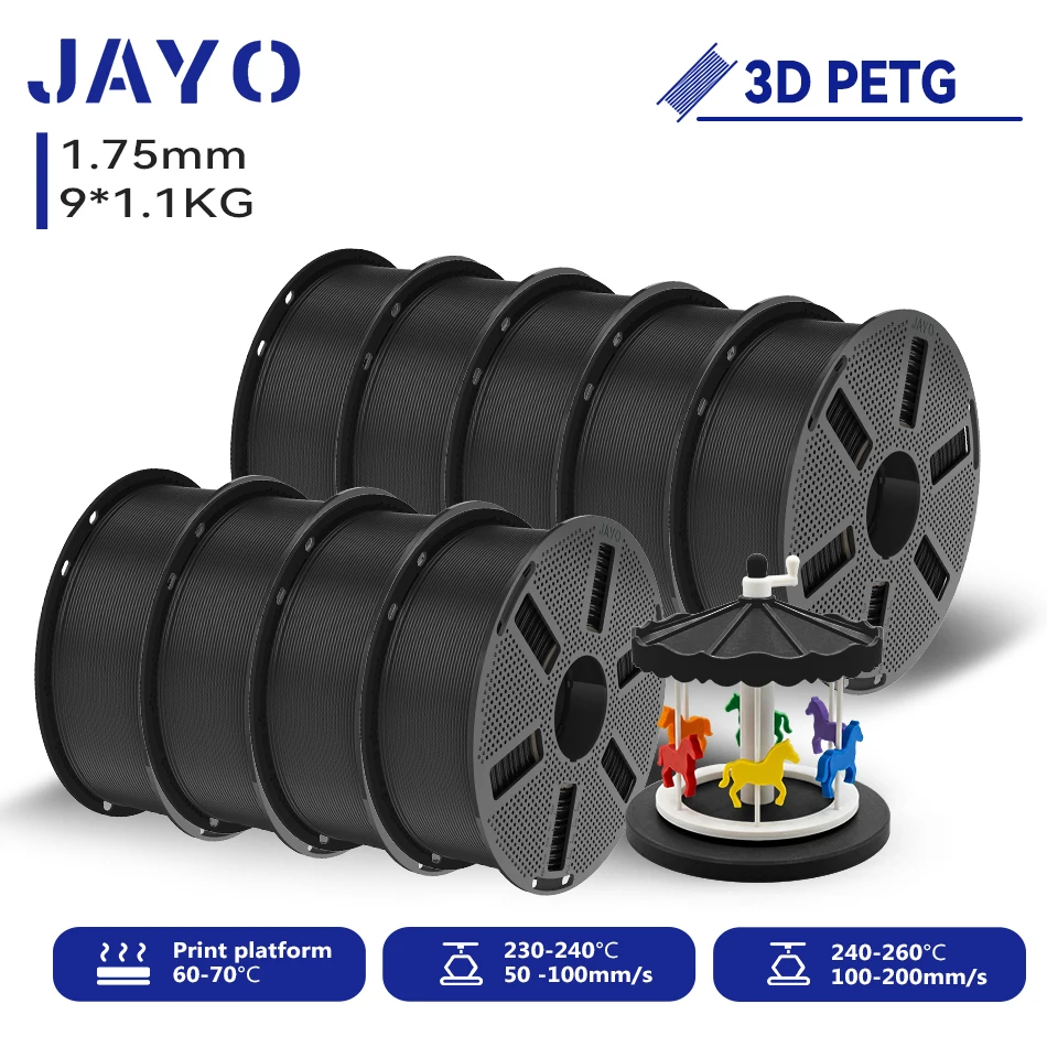 JAYO 9,9 kg 3D PETG/PETG Klares Druckerfilament 1,75 mm ±0,02 mm Hohe Zähigkeit & 100 % ordentlich gewickeltes 3D-Druckfilament, passend für 99 % der 3D-Drucker