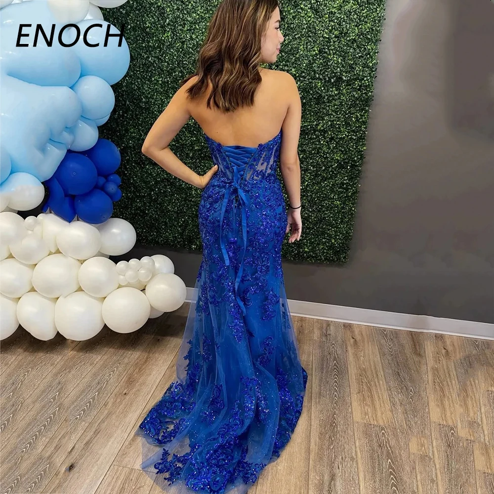 ENOCH Modern Sweetheart Mermaid Prom Dresses Appliques Sleeveless Lace Up Back Floor Length Party Gown Düğün Parti Elbise New