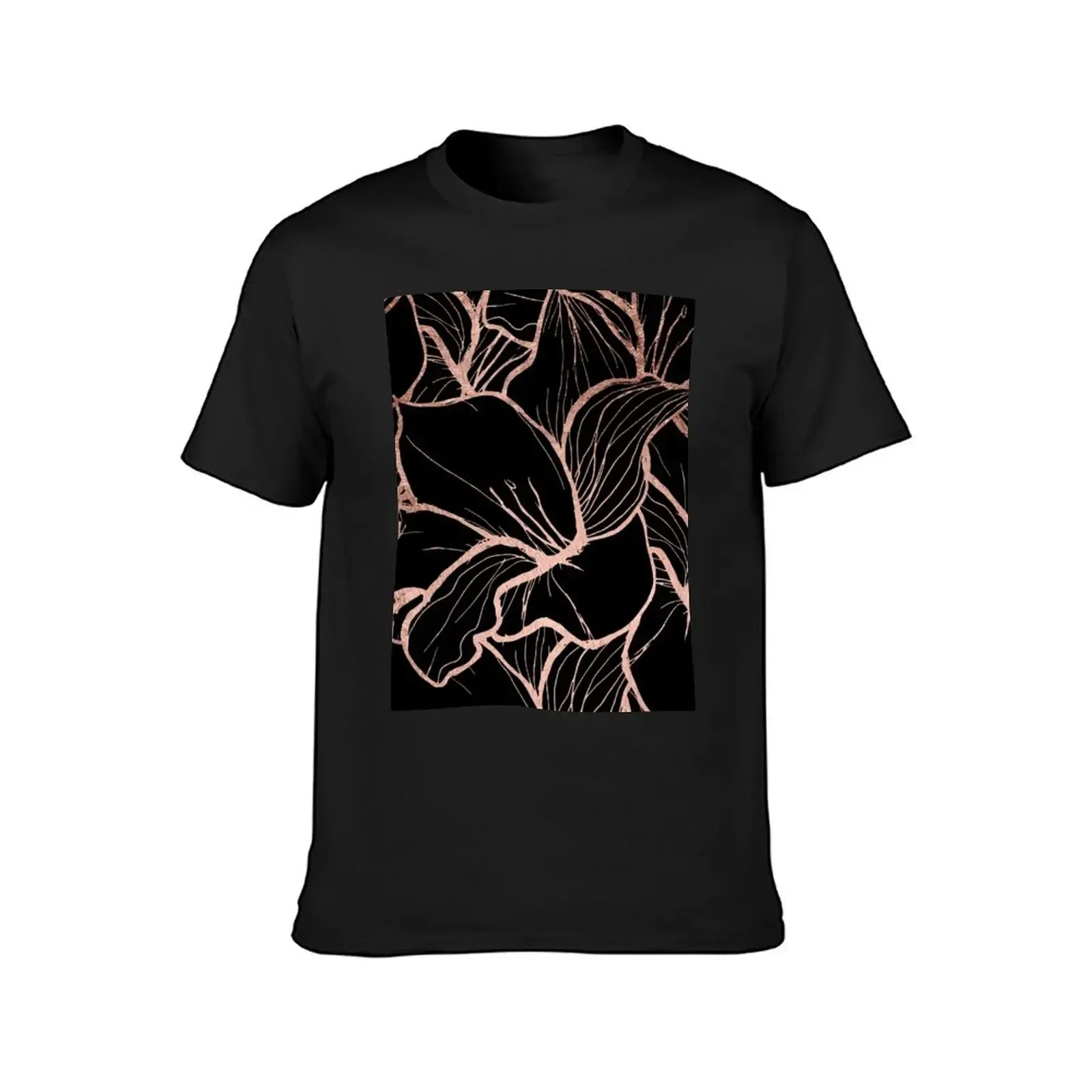 Modern rose gold abstract handdrawn floral pattern on black T-Shirt rapper graphic tees vintage graphic tee mens workout shirts