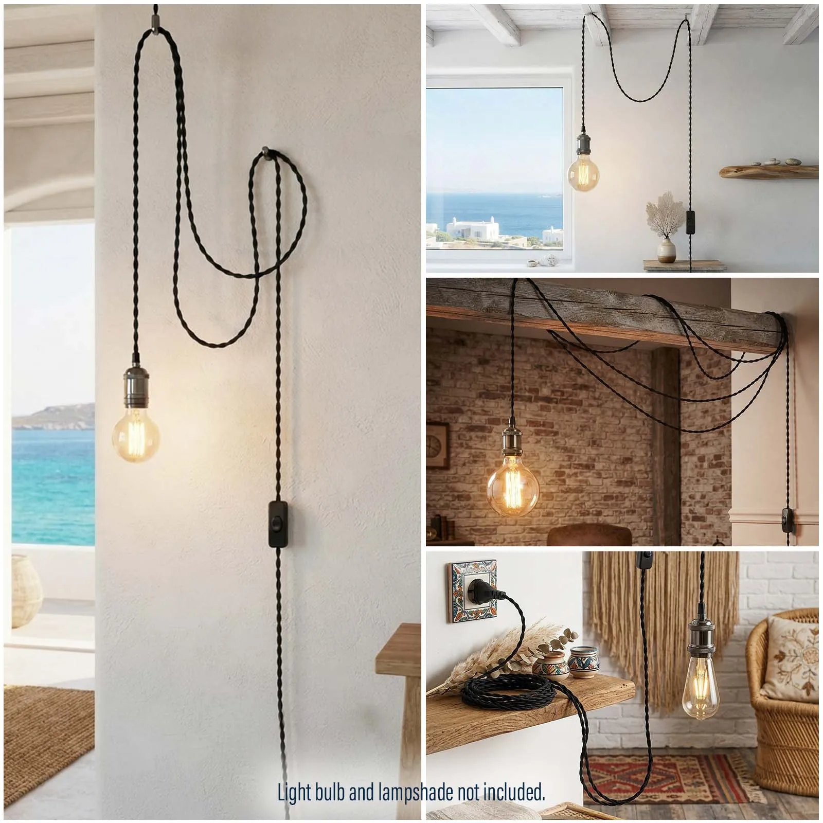 Black Twisted Braided Pendant Cord with Metal E27 Socket and Inline On Off Switch for Coastal Modern Interiors