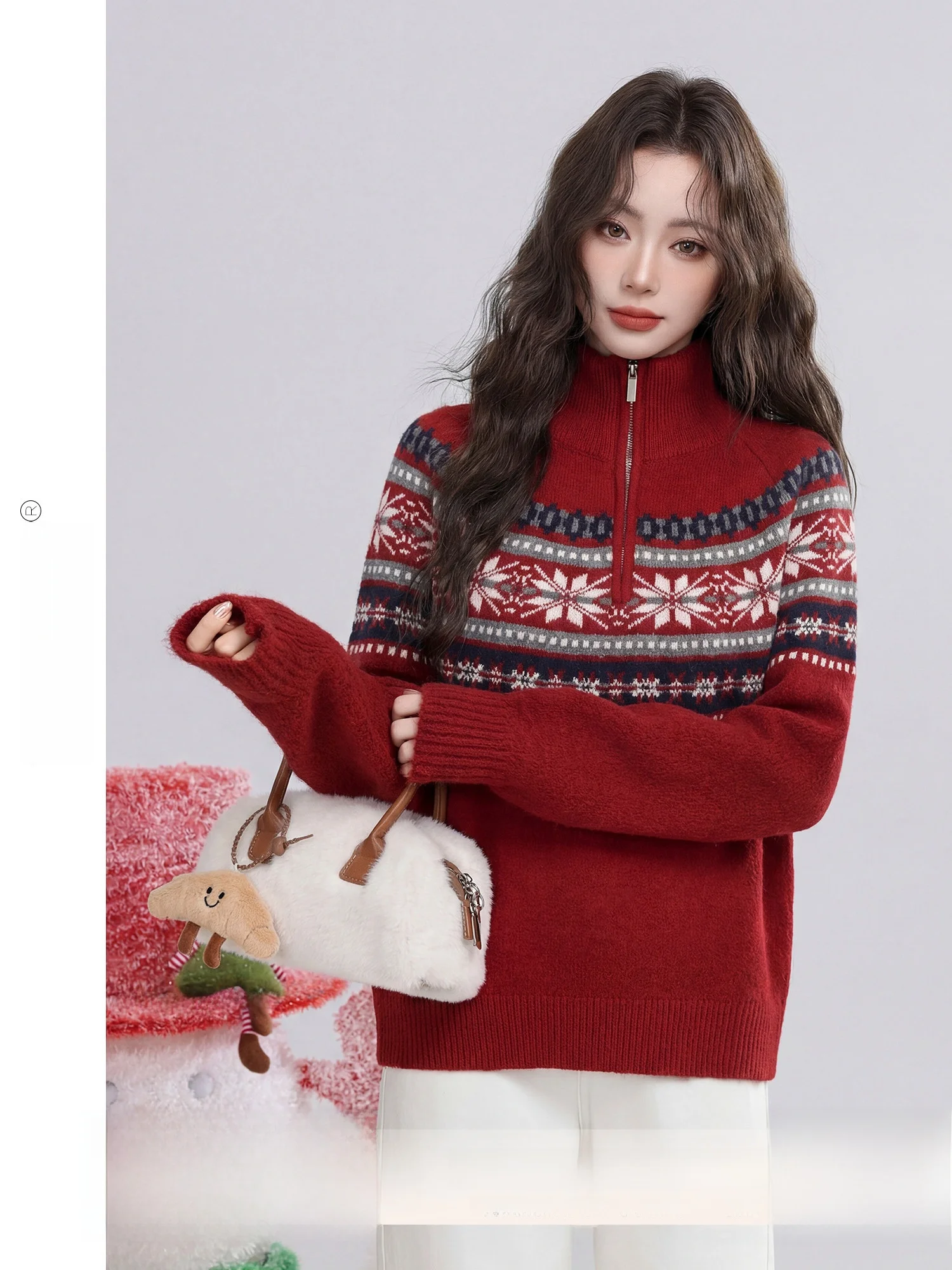 

Красный вязаный свитер с высоким воротником для женщин, модный ретро-стиль, зимний, новогодний, с цветочной вышивкой, свободный крой, топ