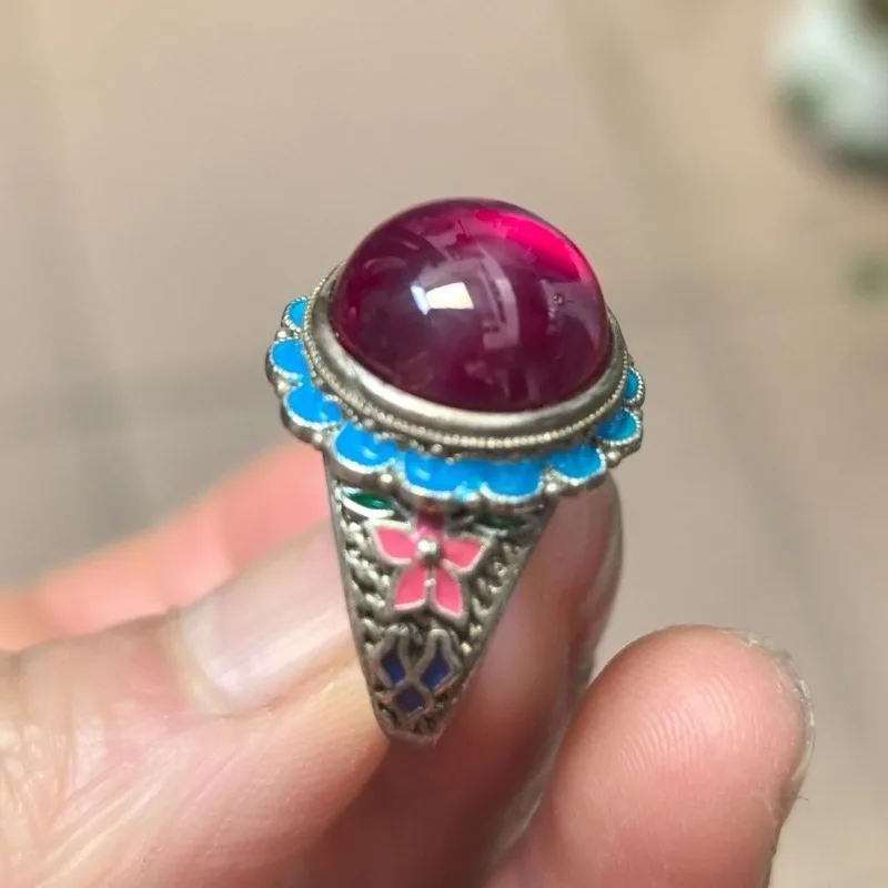 Vintage Collectible Open Ring, Bluing Fine Craft Inlaid Star Gemstone Cabochon Round Setting Adjustable Retro Finger Jewelry