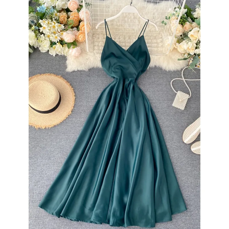 Sweet Memory Girl Women Sexy V Neck High Waist A-line Party Tank Sundress Elegant Long Dress Girl Vestido Green White Black Gown