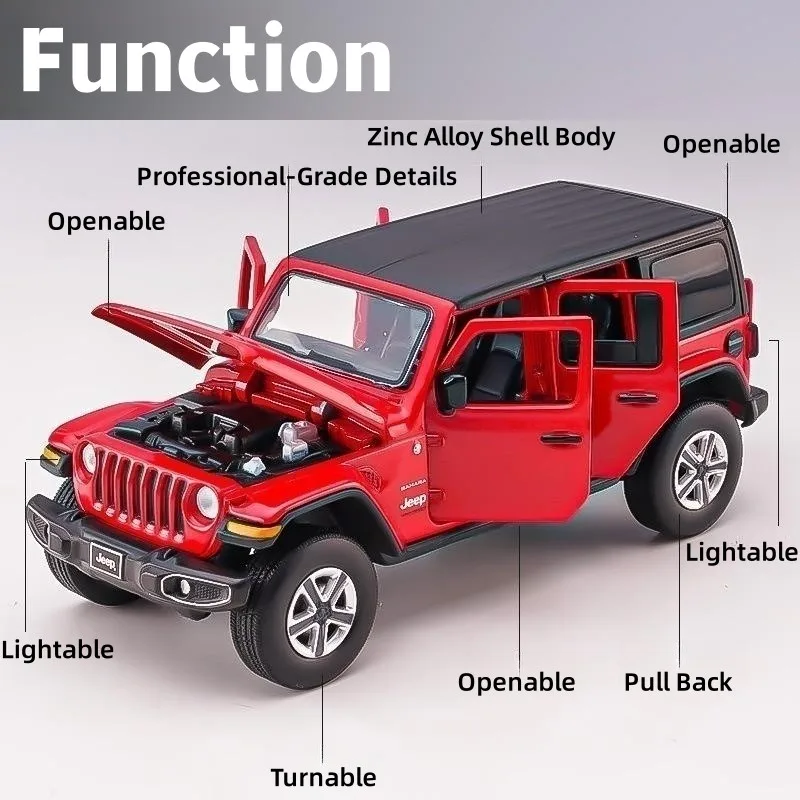 1:32 Jeep Wrangler Sahara Diecast Toy Car Model SUV Miniature Free Wheels Doors Openable Sound Light Collection Gift for Boy Kid