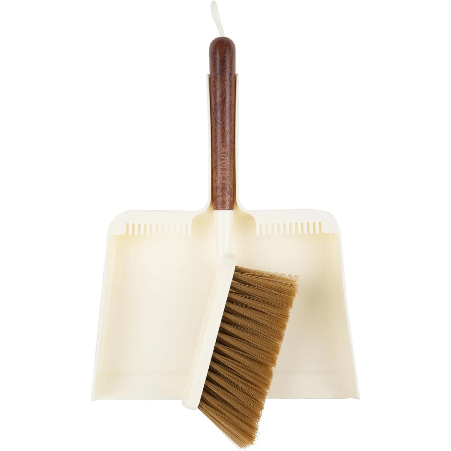 

Hand Broom and Dustpan Set with Sapele Wood Handle, Compact Hangable Broom for Cleaning Desktops, Kitchen, Sofa, Pet Hair, Beige